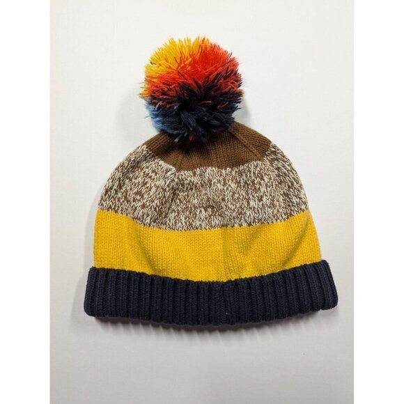 Hanna Andersson Striped Pom-Pom Beanie Hat Colorful Yellow Brown Blue Cotton Lar - Picture 2 of 6